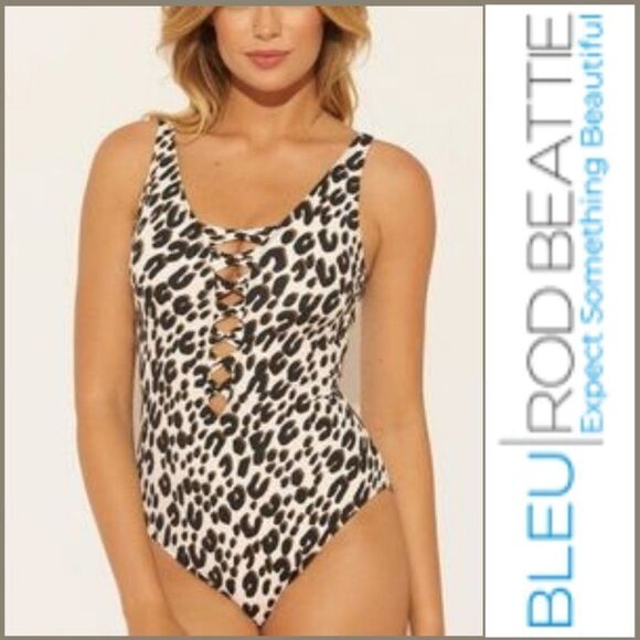 New with tags Bleu Rod Beattie Animal Print Lace Down Twist Front One-Piece Swim - Picture 7 of 15